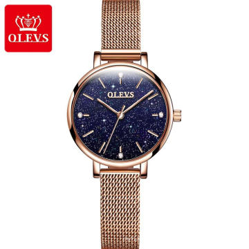 OLEVS Women Beatiful Mini Quartz WristWatch Ladies Steel Watches Sapphire blue Gold Steel Mesh Ultra Thin Watches For  Dressing